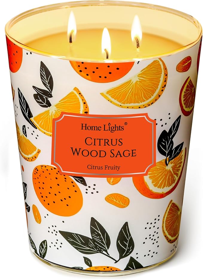 HomeLights Citrus Wood Sage Scented Candles | 34oz Soy Candles Eclectic Mixed Styles 3-Wick Large Candle Jars | Ideal Candle Gifts for Events, Home Decor Stress, Relief & Relaxation