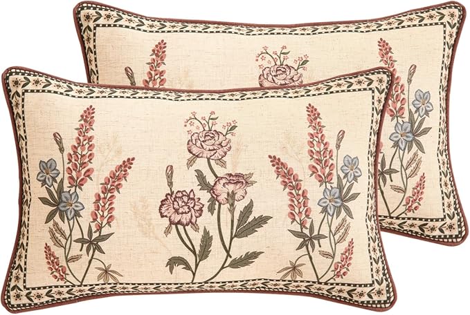 Designer Linen Throw Pillow Cover,Set of 2,20"x12"-Helena C | Elegant French Rectangle Pillow Cover,Concealed Zipper Design,Floral Pattern,Sofas,Bedroom,Living Room,Lounge Chairs