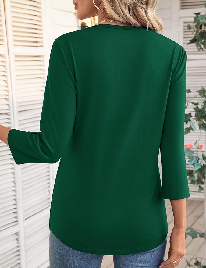 LOMON 3/4 Length Sleeve Womens Tops Spring Summer Fashion 2026 Tops Crew Neck Pleated Shirts Tunic Top Loose Fit