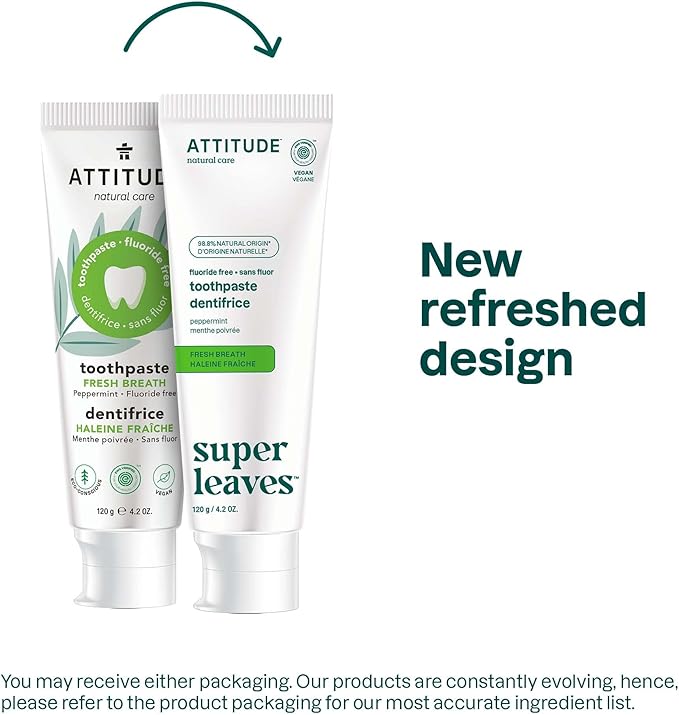 Attitude Fluoride-Free Fresh Breath Toothpaste, Peppermint Flavor, Vegan & Cruelty-Free, Sugar-Free, Plant & Mineral-Based Ingredients, Clean Oral Care, 4.2 Oz