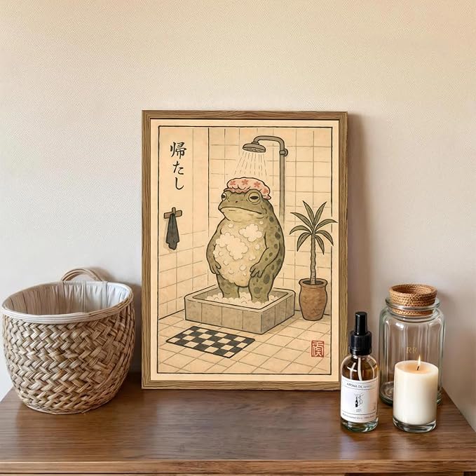 Funny Japanese Frog Bathroom Wall Art Whimsical Frog Shower Wall Decor 16x24 inch Wood Framed, Eclectic Japan Animal Bathroom Poster Painting Canvas Prints Aesthetics