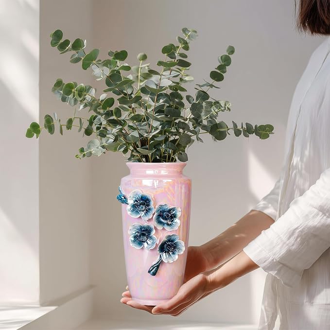 Pink Ceramic Vase 9 Inch - Modern Decorative Vase for Home Decor, Living Room, Centerpiece, Wedding, Office, Pink Decor