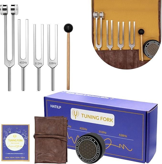 Tuning Fork Set – 128Hz 432Hz 512Hz 528Hz Weighted & Unweighted Frequency Tools with Activator, Mallet & Vegan Pouch – for Yoga, Meditation, Chakra, Ideal as a Gift