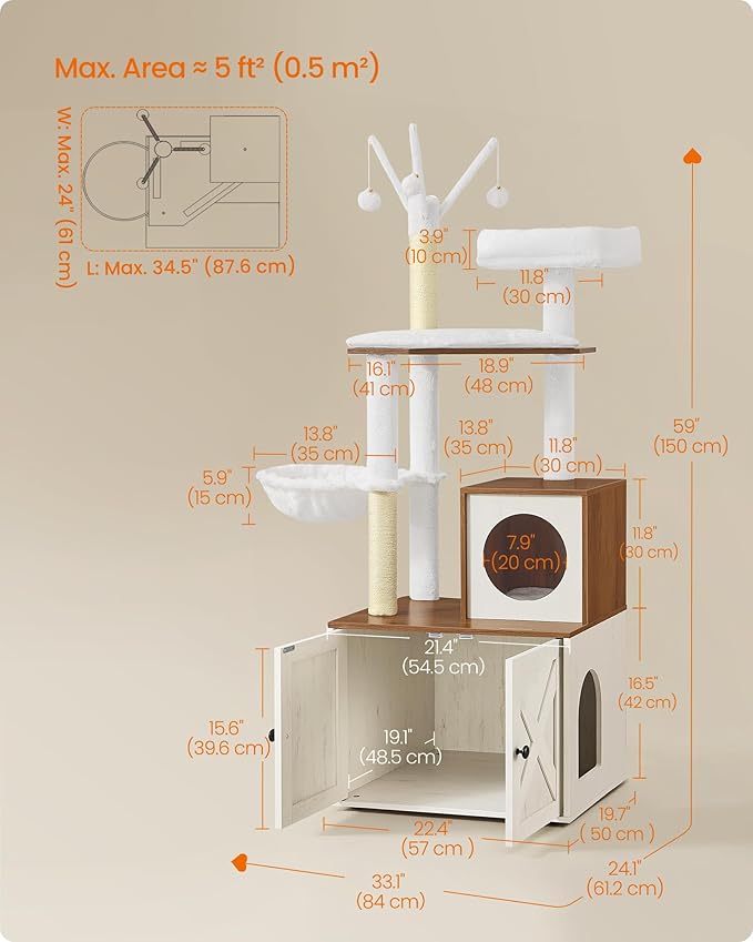 Feandrea Cat Tree with Litter Box Enclosure, 59-Inch Modern Cat Tower | 2-In-1 Condo with Scratching Posts, Washable Removable Cushion, Rustic White and Honey Brown UPCT113W201