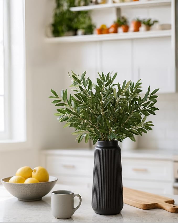 Black Ceramic Vase, 8 Inch Conical Flower Vase for Pampas Grass, Modern Minimalist Ribbed Decorative Vase for Living Room Table, Shelf Decor