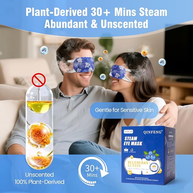 18 Packs Steam Eye Mask Self Heating Heated Eye Mask for Sleep, Warm Compress for Eyes，Stye Eye Treatment, Spa, Christmas Stocking Stuffers，Travel Essentials Blueberry Extract Unscented