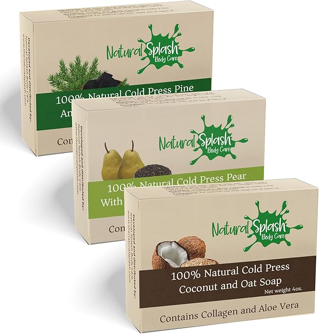 Natural Handmade Cold Press Bar Soap - Variety Pack with Aloe Vera and Vegetable Collagen - Soft Exfoliating - Coconut - Pear - Pine - 3 Pack