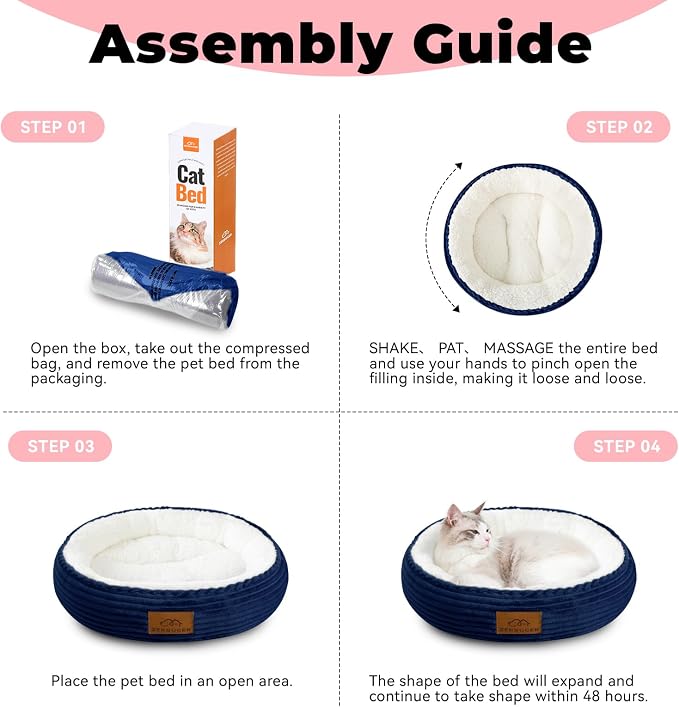 Zerbuger 20in Washable Cat Beds for Indoor Cats - Round Donut Pet Bed for Cats, Small Dogs, Puppy, Kitten - Anti-Slip Bottom, Calming Bed Gift - Navy Blue | for Small/Medium/Large Dogs Cats, Foam Pet Couch with Removable Mat Non-Slip Bottom, Pet Cuddle...