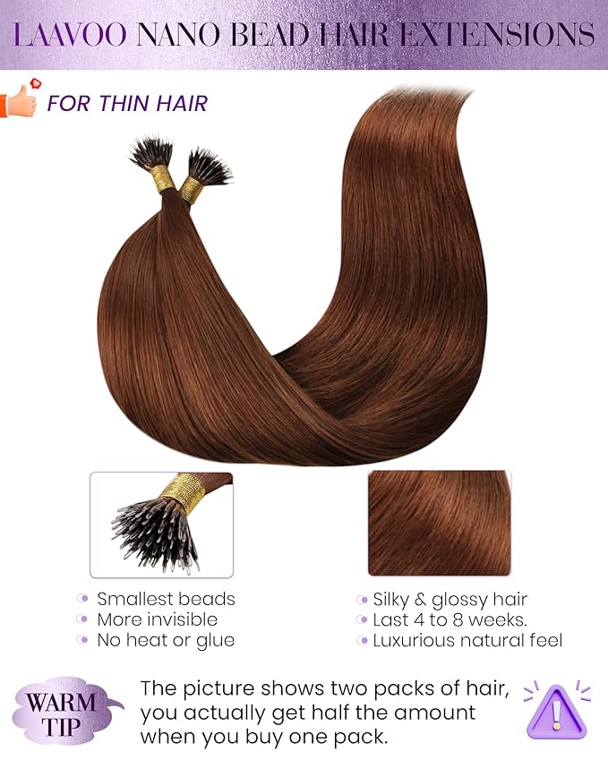 LaaVoo Nano Bead Hair Extensions Human Hair Auburn Nano Ring Hair Extension Auburn Nano Extensions Human Hair 24 Inch 50g/50s