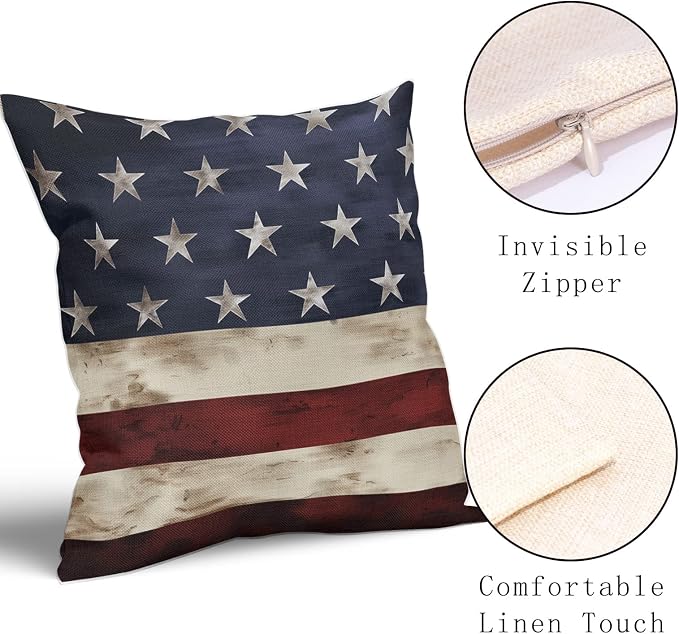 Independence Day American Flag Throw Pillow Covers Set of 2 20X20 Inches 4th of July Blue Red Pillow Cases Patriotic Stripes Star Pillow Cover Home Decor For Memorial Day Room Bed Porch Couch Outdoor