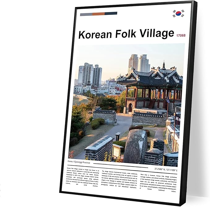 Poster Korean Folk Village Wall Art Original Design(24"x16" Metal Frame) Joseon Dynasty Architecture Print South Korea Travel Landmark Gyeonggi Cultural Heritage Ancient Palace Zen Scenery Picture