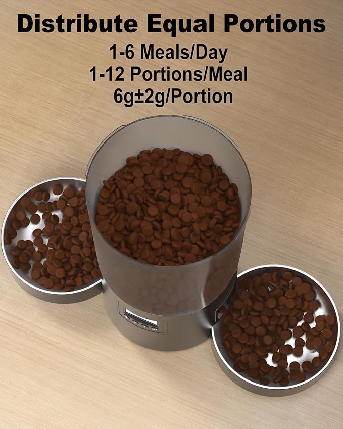 Automatic Cat Feeder 2 Cats, 4.2L Dry Food Auto Dispenser with Double Bowls,Dual Power Supply,Programmable Portion Control,10s Voice Recorder(Black,Stainless Steel Bowls) (Transparent+Black)
