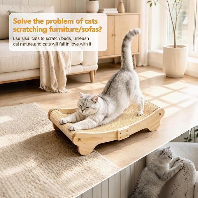 Large Sisal Cat Scratcher Bed Wooden Scratching Pad for Indoor Large Cats | 2-in-1 beech wood scratcher bed with thick woven sisal. Cats scratch & relax, large size shields furniture from scratches.