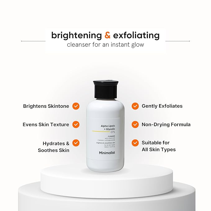 Minimalist ALA & AHA 7% Cleanser for Brightening, Exfoliating, Glow & Even Tone | With Vitamin B5 For Hydration & Glycolic Acid For Exfoliation | 3.4 Fl Oz / 100 ml