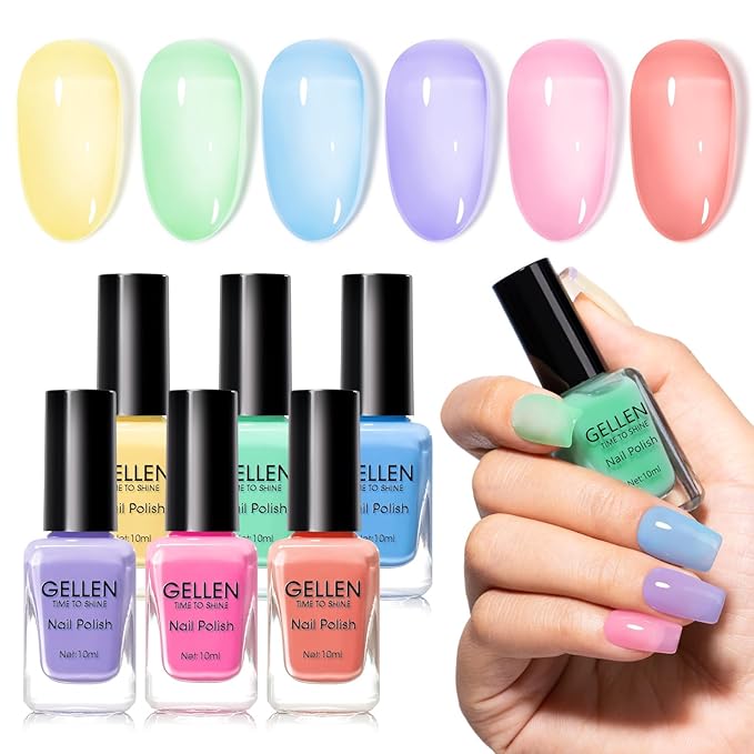 GELLEN Clear Pastel Nail Polish, Sheer Jelly Regular Nail Polish Quick Dry Spring Summer 6-Color Set for Acrylic Natural Nails Home Salon, No UV Gel, Chip Resistant, Hema Free, Non Toxic, TPO Free