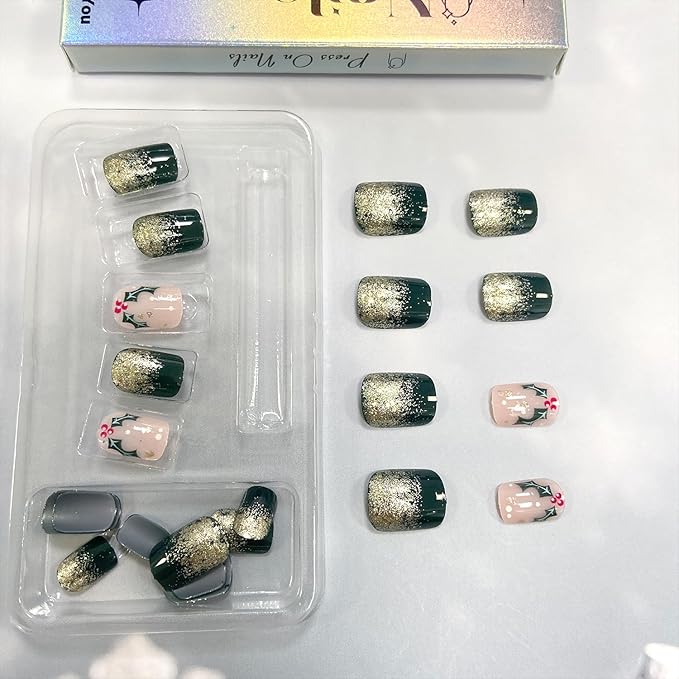 Gold Glitter Green Christmas Press on Nails Short Square Xmas False Nails Glossy Winter Christmas Glue on Nails Full Cover Acrylic Fake Nails for Women Girls