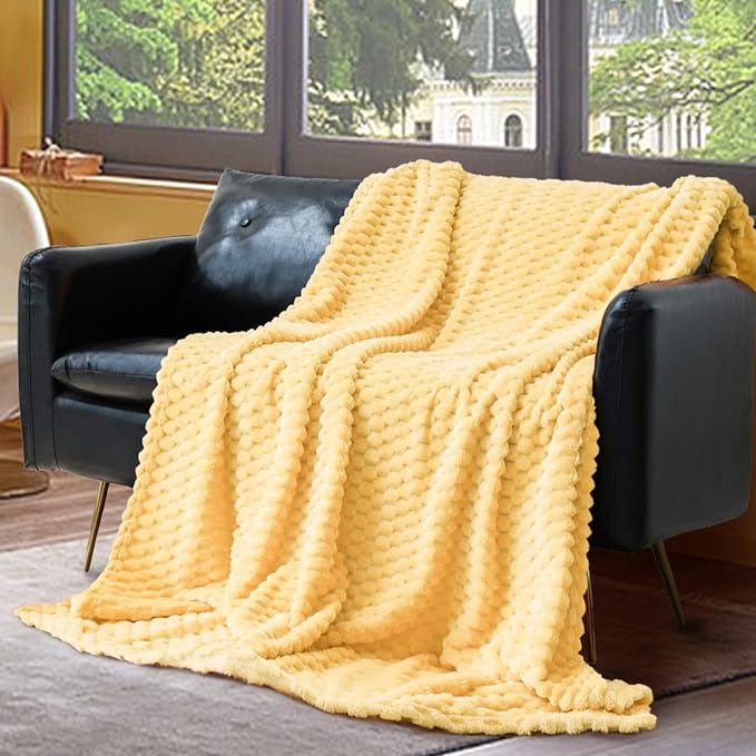 Vessia Flannel Fleece Throw Blanket, 3D Jacquard Light Yellow Fuzzy and Warm Blanket for Couch,Sofa,Bed,Chair, 300GSM Soft Touch Cozy Throw for All-Season Home Decor(50x40inch)