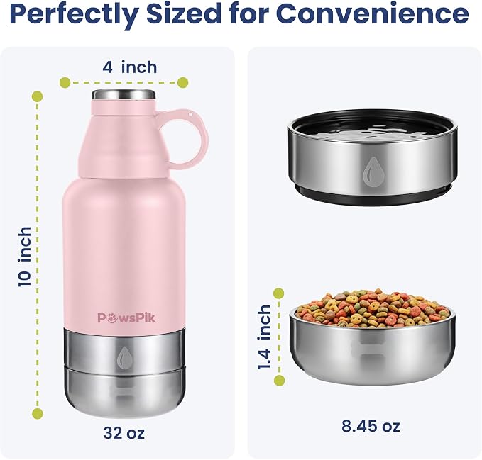 PawsPik 3-in-1 Travel Dog Water Bottle & Bowl Set, 32oz, Pink