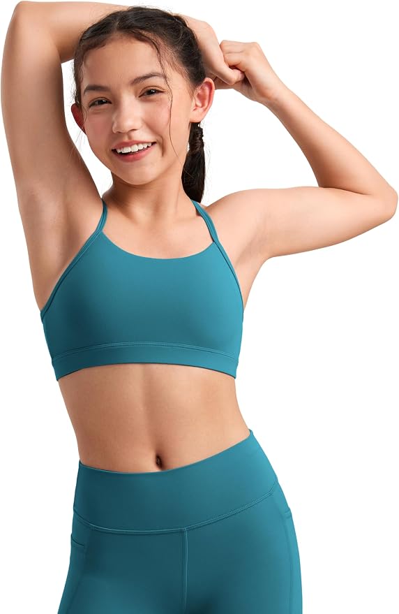 CRZ YOGA Girls Butterluxe Y Back Sports Bra - Yoga Athletic Casual Tops Scoop Neck Spaghetti Strap Padded Crop Kids Teen