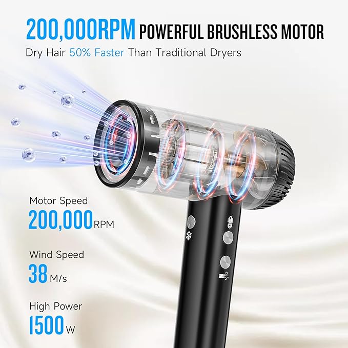 2026 Hair Dryer, 200,000 RPM Professional High Speed Blow Dryer with Diffuser for Women, 1200M Negative Ionic Hair Dryer with Brushless Motor, Low Noise Hair Blow Dryer for Home Travel Salon, Black