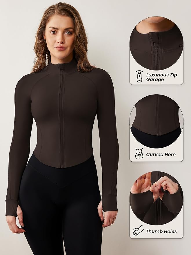 AVGO Women's Workout Jacket Lightweight Zip Up Cropped Yoga Jackets Slim Fit Athletic Tops with Thumb Holes
