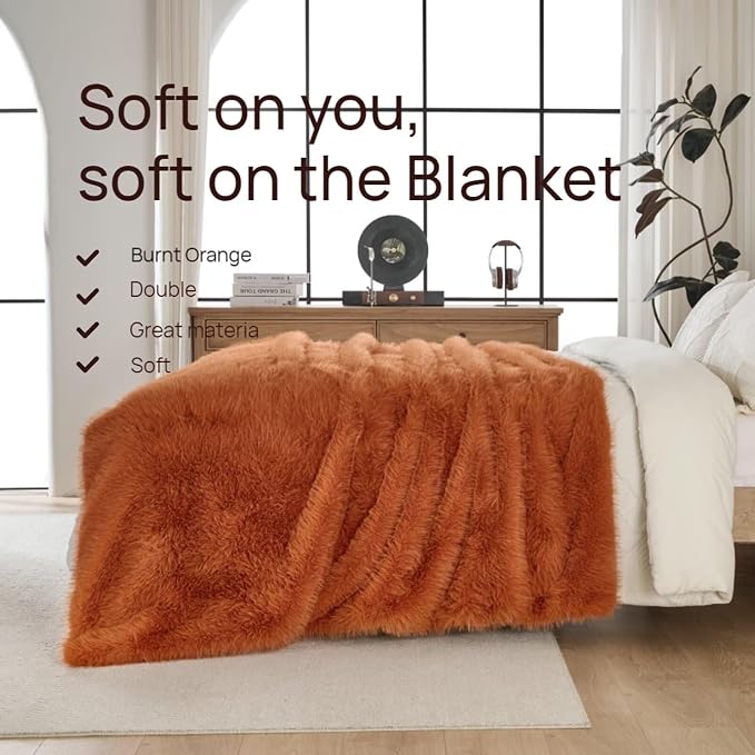 Luxury Fluffy Faux Fur Throw Blanket, Thick Silky Cozy Plush Blanket for Couch, Sofa, Chair, Bed - Burnt Orange, 60x80 Inches