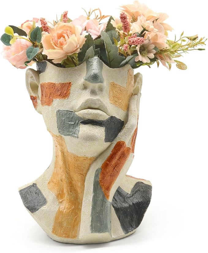 Lukitas Abstract Face Planter, Faux Sandstone Decorative Vase, Resin 10.5'' | Colorful Artistic Flower Plant Pot for Garden Patio Living Room Desk Shelf Decor