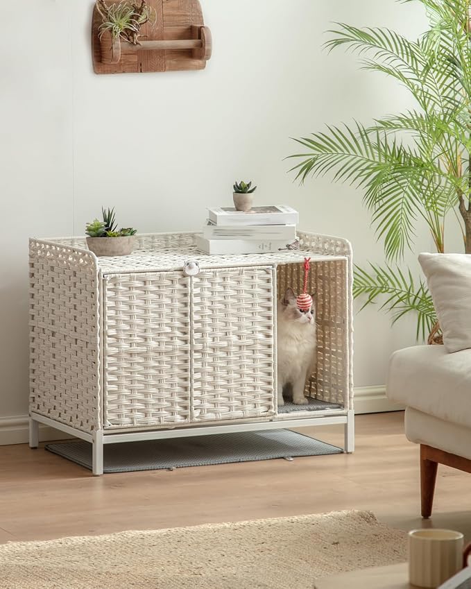 SETVSON Cat Litter Box Enclosure Furniture with Divider, Hidden House White | Handwoven PE Rattan with Washable Mat, 3.54-In Heightened Metal Feet, 31.2 x 19.6 x 24.2 Inches Spacious Cabinet