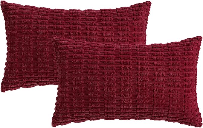 MIULEE Lumbar Corduroy Decorative Throw Pillow Covers 12x20 Burgundy | Pack of 2 Soft Boho Striped Pillow Covers Modern Farmhouse Home Decor For Sofa Living Room Couch Bed