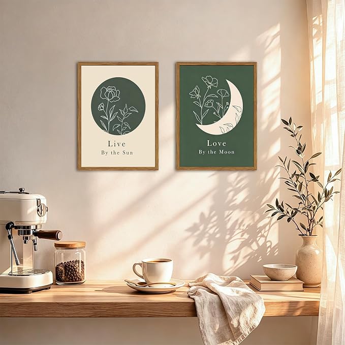 Framed Boho Sun and Moon Wall Art Set of 2, Sage Green Floral Line Pictures Wall Decor, Minimalist Quotes Paintings Mid Century Modern Canvas Prints for Living Room Bedroom Office 12x16 inch