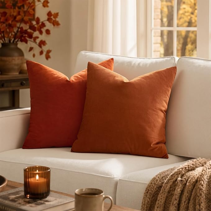 MIULEE Velvet Fall Throw Pillow Covers 12x12 Inch Pack of 2 Burnt Orange | Soft Solid Small Decorative Pillow Covers, Modern Luxury Home Decor, for Couch Chair Sofa Bedroom Livingroom Car