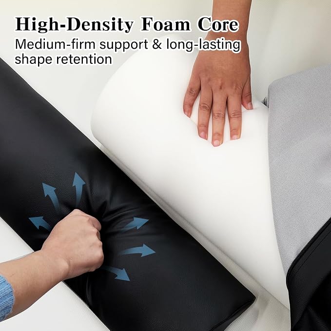 Massage Table Bolster Pillow with Strap Handle, 26 x 8 x 8 In Adjustable Bolster Pillow PU Leather, 1/4 & 3/4 Round Bolster Use Separately or Combine for Leg Neck Knee Support & Pain Relief, Black