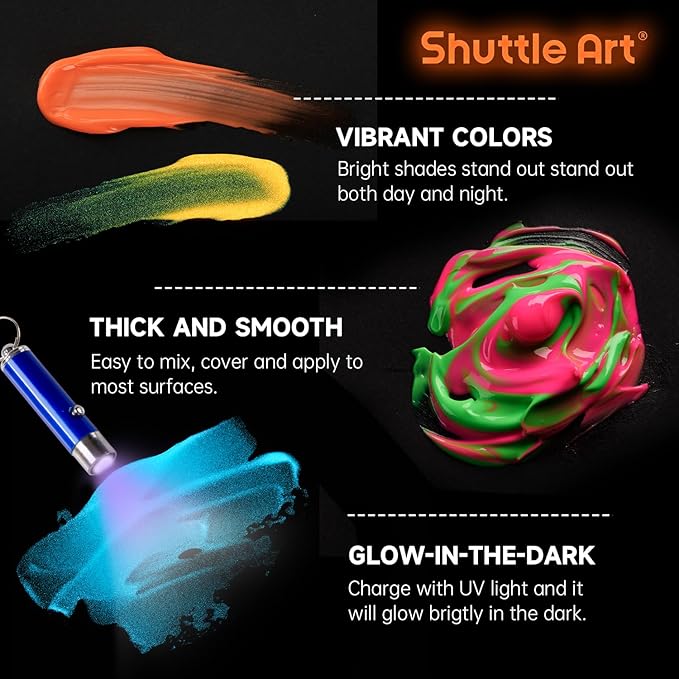 Shuttle Art Glow in the Dark Paint, 12 Colors with UV Light, 2oz/60ml Bottles, Ideal for Art Painting and Crafts, Great for Artists, Beginners on Rocks, Wood, Canvas, Fabric, and Halloween Decorations