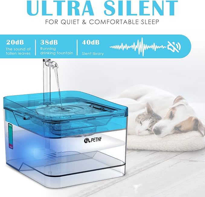 PETNF Blue Pet Water Fountain, 101oz/3L Automatic Cat and Dog Water Dispenser with LED Light, Ultra Quiet Pump, 3 Flow Settings & 2 Filters