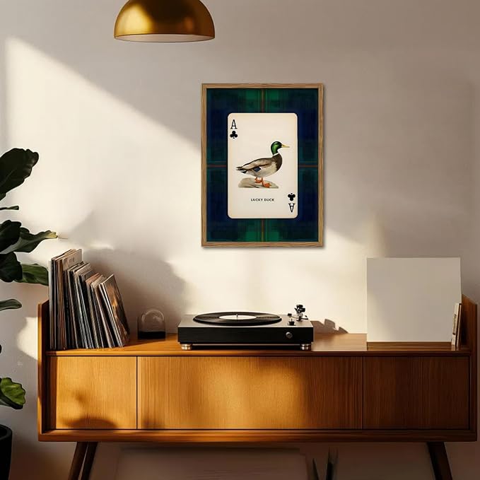 Vintage Mallard Duck Wall Art Cottage Core Hunting Lucky Duck Wall Decor Picture Dark Wildlife Playing Card Poster Canvas Print Painting for Farmhouse Bedroom Living Room 12x16 inch Wood Framed