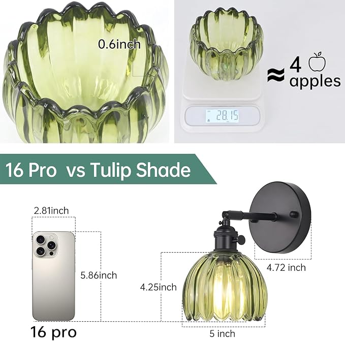 Shenmoyl Vintage Wall Sconce with Green Tulip Glass Lampshade 180 Degree Adjustable Black Sconce Hradwired Modern Wall Lighting Fixture with Switch for Bedside Bedroom Doorway