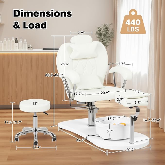 Pedicure Chair No Plumbing with Stool & Foot Bath, 360°Swivel Hydraulic Reclining Pedicure Station with Footrest & Ergonomic Headrest for Nail Tech, Spa, Salon (White)