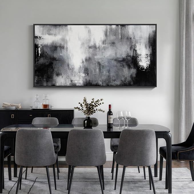 Large Framed Black and White Abstract Wall Art for Living Room, 30x60 In | Grey horizontal canvas prints, Neutral modern pictures, Minimalist artwork, Modern wall decor for bedroom dining room office