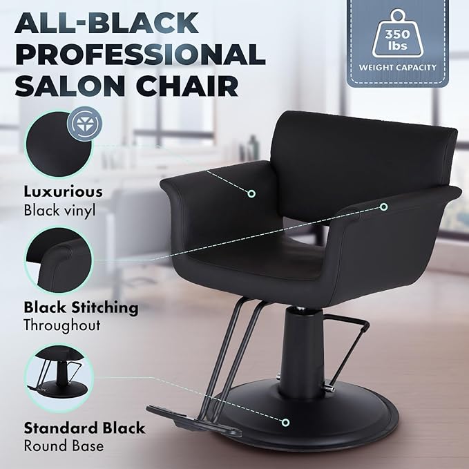 Buy-Rite Capri Styling Chair for Professional Salons & Barbershops - Luxurious Black Vinyl, Black Stitching, Elegant Curved Arms, Crevasse-Free Cushions - YLG-298-1
