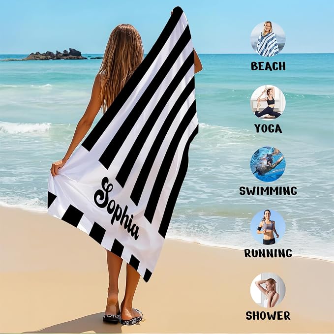 JML Personalized Beach Towel with Name, Custom Cabana Stripe Beach Towel, Customized Microfiber Pool Towel, Quick Dry & Absorbent Swim Towel for Adult,Anniversary, Birthday, Summer Holiday,Vacation