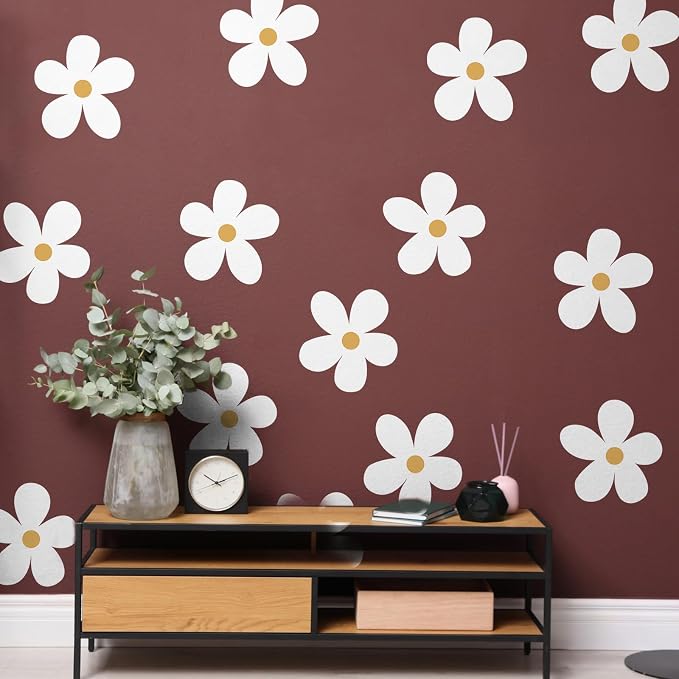 TaoBary 12 Sheet Daisy Wall Sticker Decal,White, Yellow,Charming Style | Big Flower Wall Sticker, Pink White Floral Decal, Daisy Bedroom Room Decor, Removable Peel and Stick, Nursery Home Wall Decor