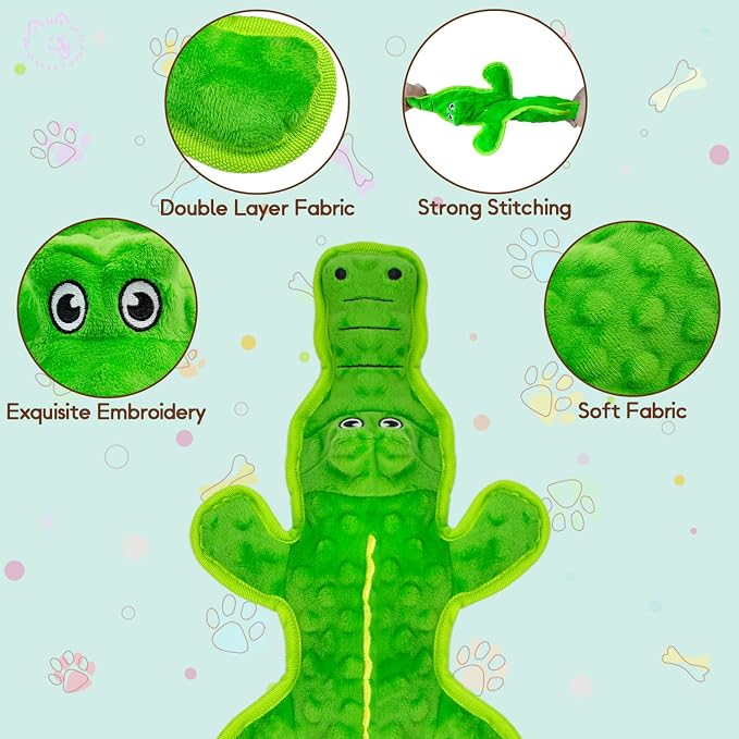 No Stuffing Dog Squeak Toys, Chew Toys for Small, Large Puppies Crocodile | Durable Plush Puppy Teething Toys, Interactive to Keep Pets Busy, Toss Fetch Tug Play, Best Birthday Gift