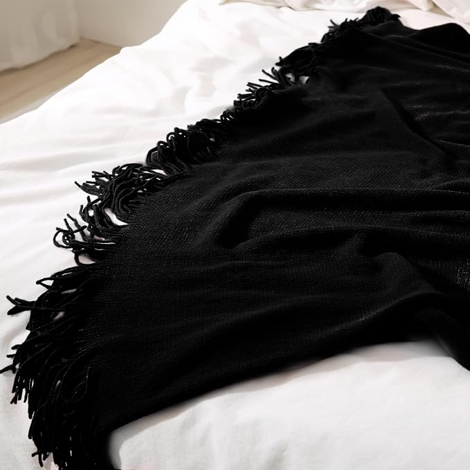 Homiest Black Knitted Throw Blanket with Fringe, 50x60 Inch | Pure Acrylic, Lightweight & Breathable, All-Season Use, Machine Washable, Wrinkle & Fade Resistant, for Couch Sofa And Bed