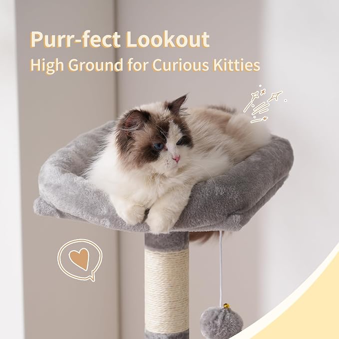 Heybly Cat Tree with Toy, 49.2 inch Cat Tower for Indoor Cats HCT200SW-1 | Spacious Cat House Condo with Hidden Space，Soft Plush Top Perch，Cozy Hammock and Sisal Scratching Posts, Light Gray