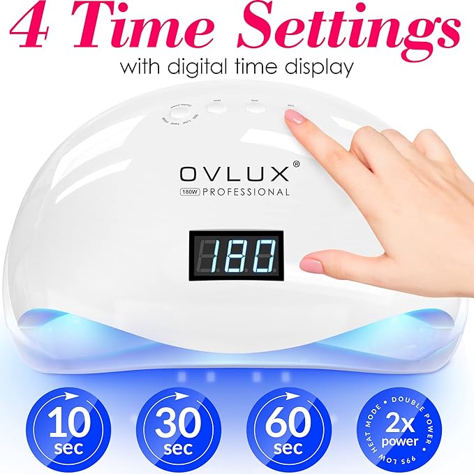 OVLUX 180W UV LED Nail Lamp – Professional Fast Nail Dryer for Gel Polish with 57 LEDs, Auto Sensor, LCD Display, 4 Timer Settings, Cures Fingernails & Toenails, Salon Quality for All Gel Types