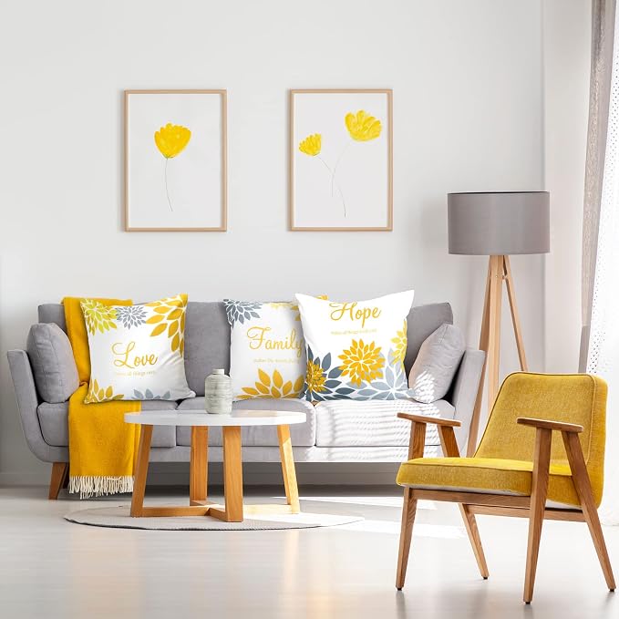 Tatuo 4 Pcs Flower Pillow Covers Square 18 x 18 Inch Yellow Silver Series | Pillow Cushion Cases for Sofa Bed, Family Faith Hope Love Words, Decorative Flower Pattern, Living Room Home Decor