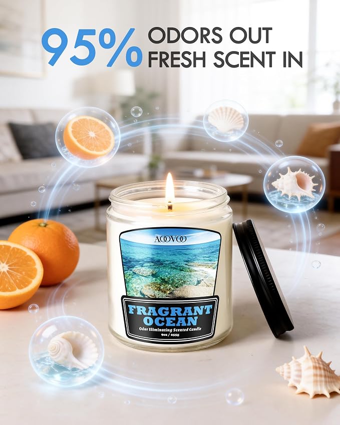 AOOVOO Fragrant Ocean Odor Eliminating Candle - Up to 50 Hours Burn time, Eliminates 95% of Pet, Smoke, Food, and Other Smells Quickly, 9 oz Non Toxic Highly Fragranced Air Freshing Soy Candle