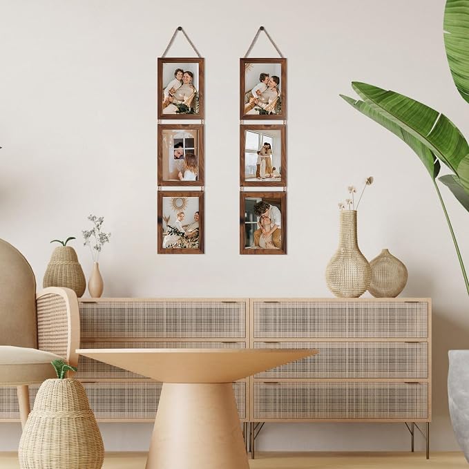 QUTREY 5x7 Collage Picture Frames, 6 Openings Hanging Photo Frame Set Display Vertical 5 by 7 inch Pictures for Wall Decor, Rustic Walnut Brown, 2 Pack