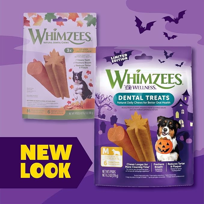 Wellness WHIMZEES Fall Natural Dog Dental Treat, Autumn Halloween Seasonal Gift, Chews, Freshens Breath, Medium Size, 6.3 oz Bag, 6 Count