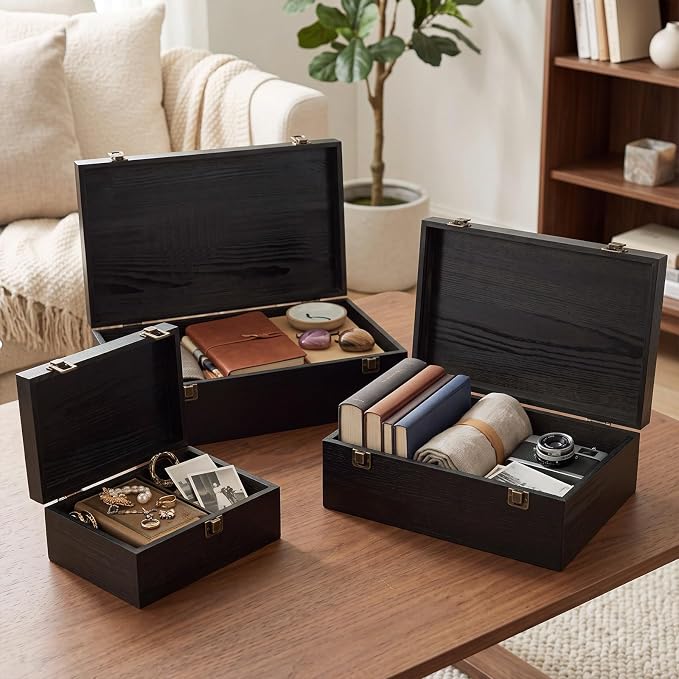 Sliner 3 Pcs Wooden Decorative Storage Boxes with Lids Vintage Wood Organizer Bins for Your Bookshelf Home Decor Safely Store Photos Documents Memory Jewelry Craft Storage (Glossy Black,S M L Size)